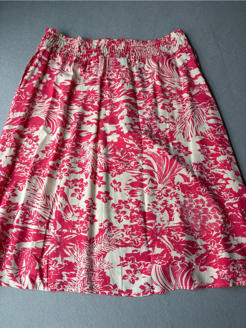 J. Jill Cream and Pink Tropical Floral A-Line Pull-On Skirt Ruched Waist sz L - Picture 2 of 8